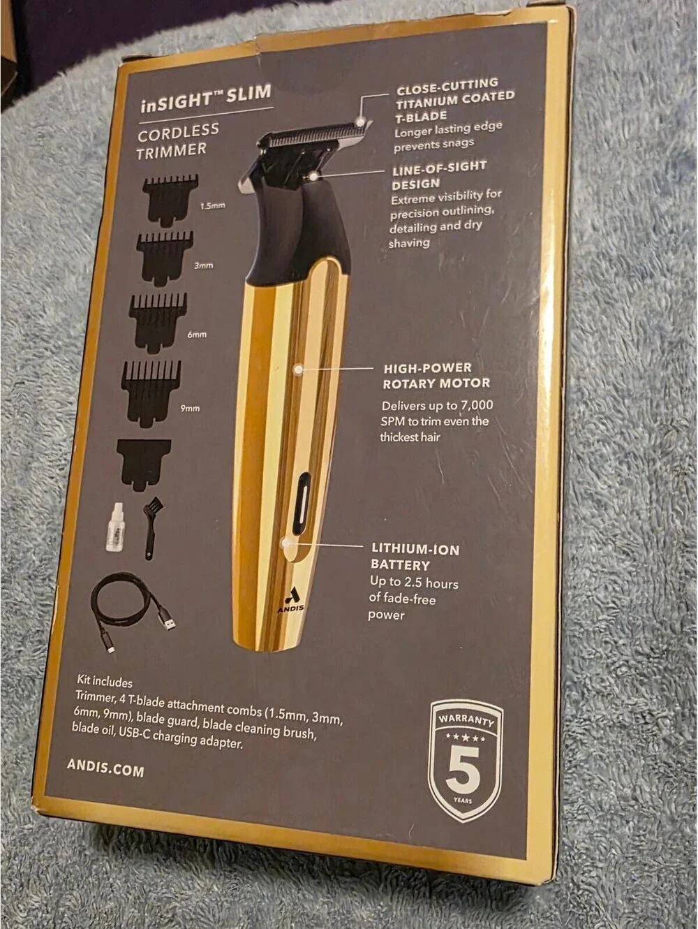 Andis inSIGHT Slim Cordless Trimmer with Titanium T-Blade, 4 Attachment Combs, 5